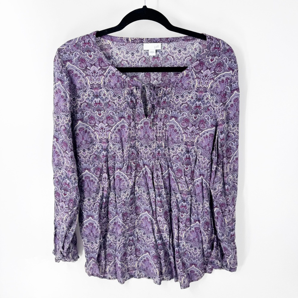 J. Jill Purple Paisley Pintuck Tie Neck Rayon Blouse Large Long Sleeve Top